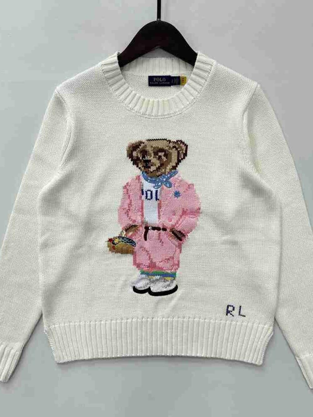 Polo by Ralph Lauren Cream Crewneck Sweater with Pink Bear Intarsia